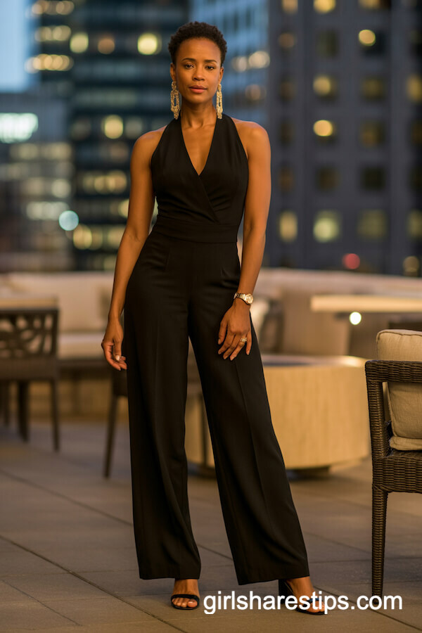 Sleek Black Jumpsuit with Statement Earrings
