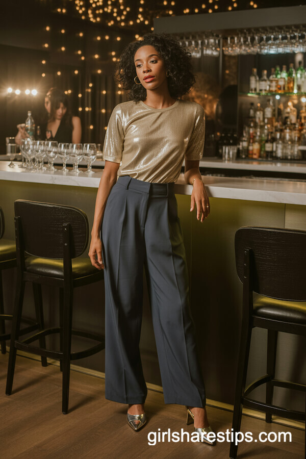 Navy Wide-Leg Trousers with Gold Top