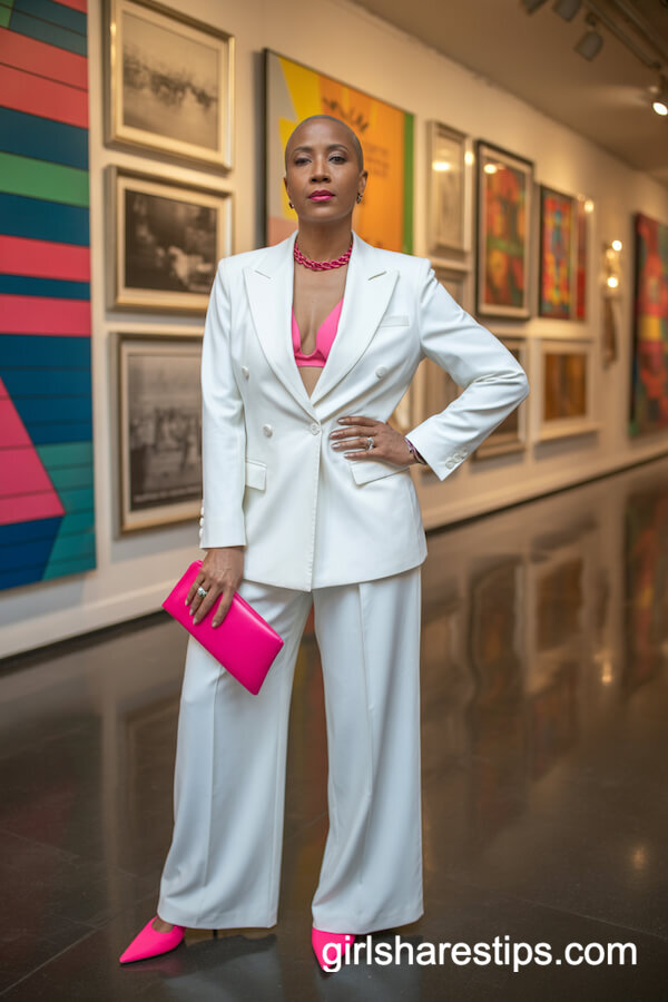 Tailored White Suit with Neon Heels
