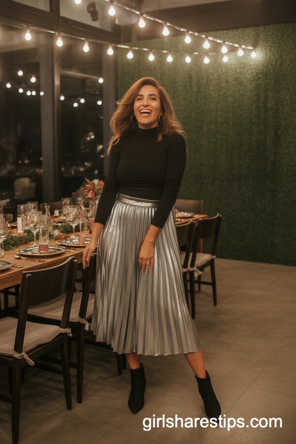 Metallic Silver Midi Skirt with Black Turtleneck