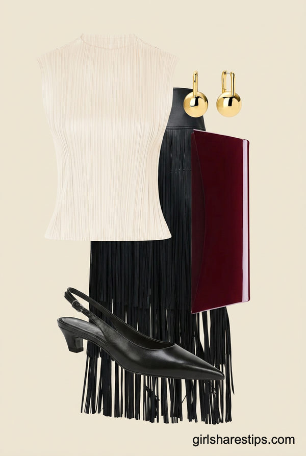 Pleated Sleeveless Shell and Fringe Pencil Skirt