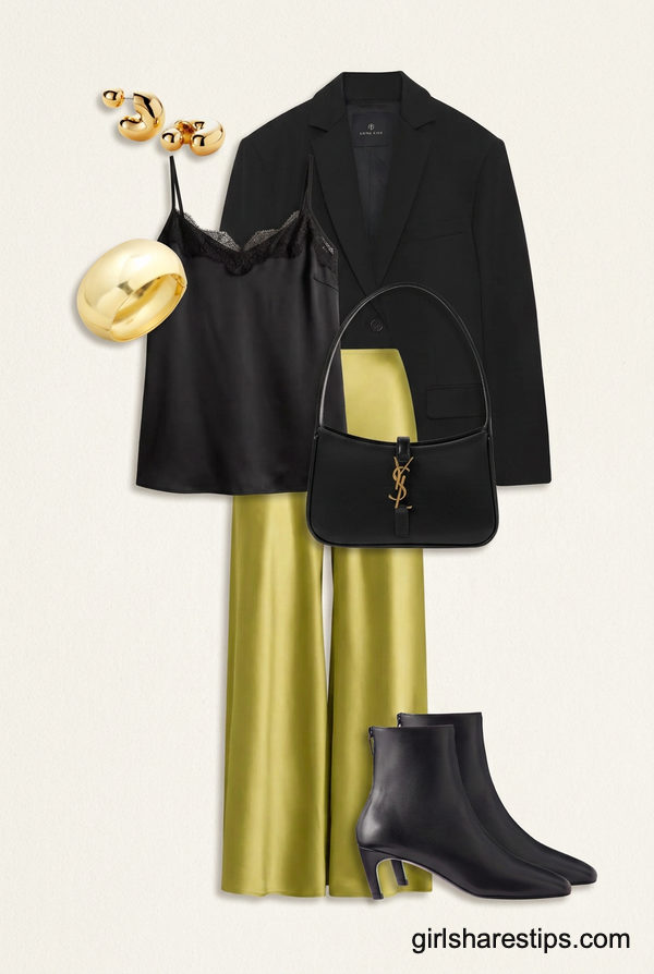 Chartreuse Silk Draped Trousers and Sleek Tailored Blazer