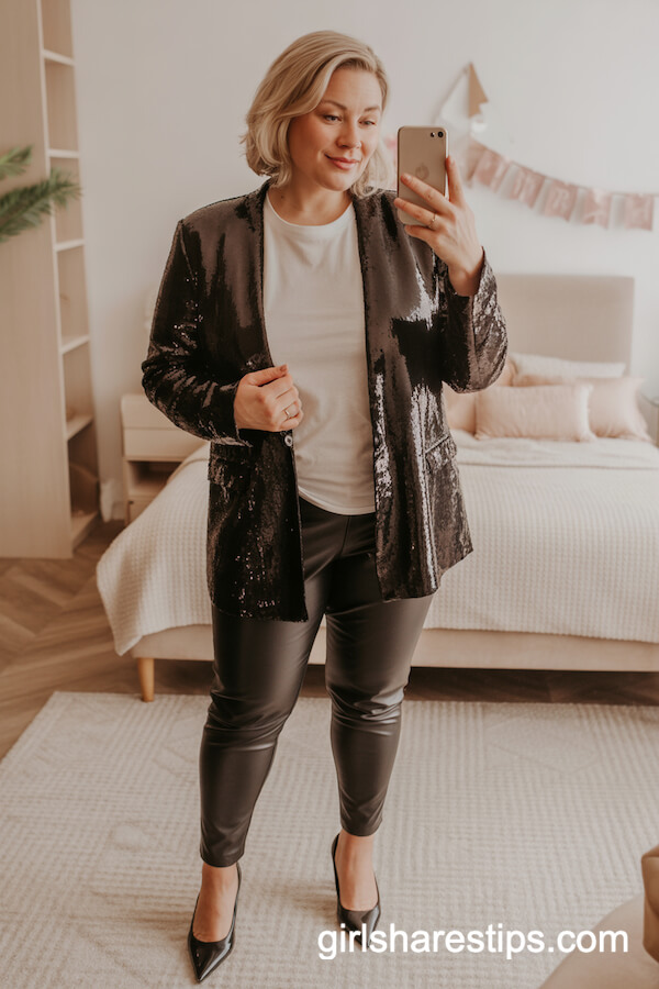 Sequin Blazer with Leather Leggings