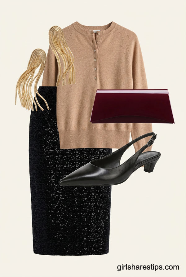 Cashmere Henley Sweater and Sequin Midi Skirt