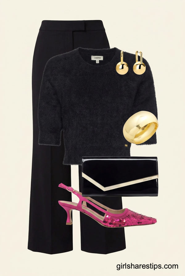 Black Monochromatic Base and Hot Pink Sequin Heels