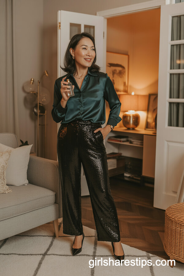 Sequin Pants with Emerald Blouse