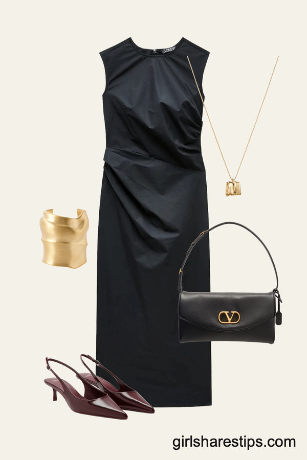 Sculptural Ruched Dress Anchored by Rich Burgundy