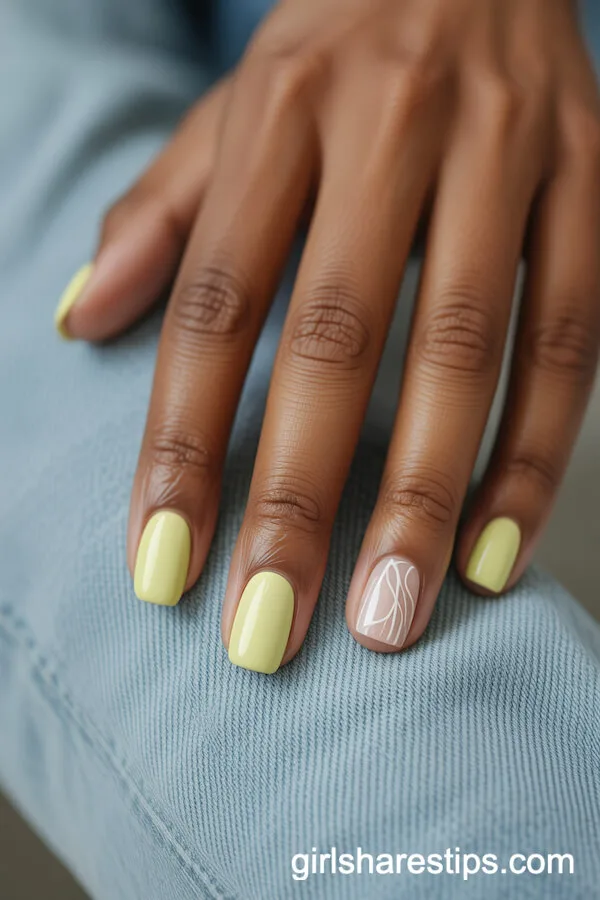 Pastel Yellow Squoval Nails with Abstract White Line Accent