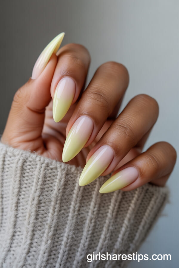 Stiletto Pastel Yellow Ombre Nails with Cozy Vibes