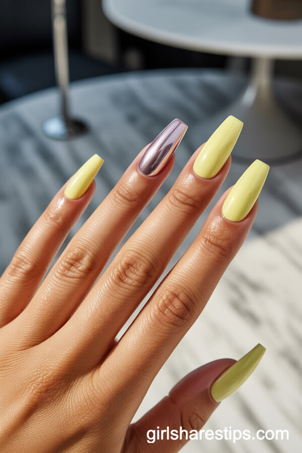 Coffin Pastel Yellow Nails with a Subtle Chrome Effect