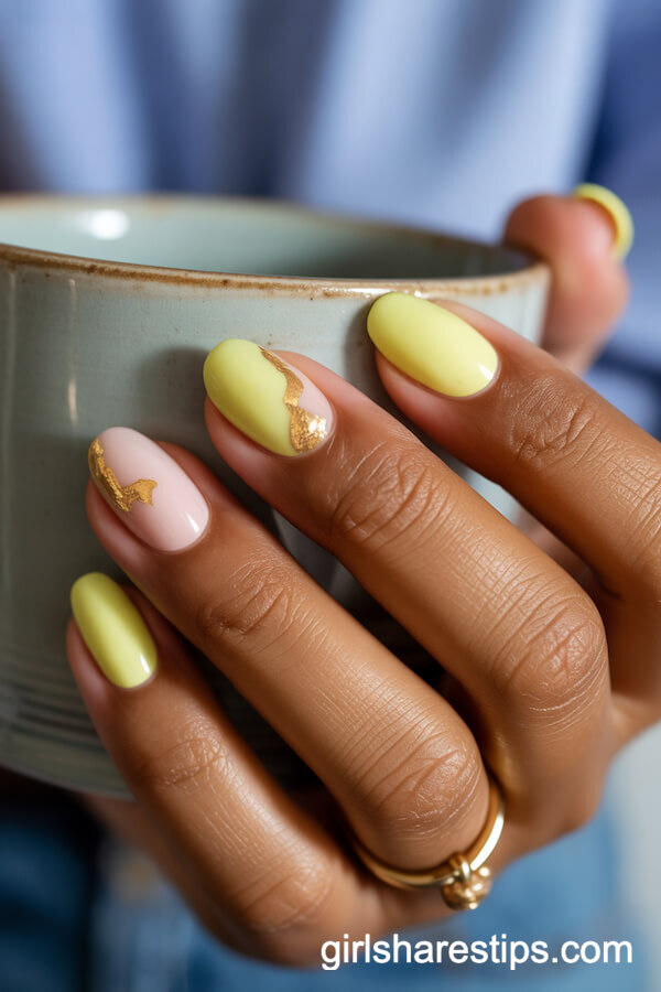 Short Round Pastel Yellow Nails with Gold Foil Flakes