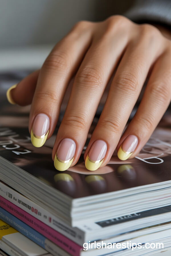 Oval Nails with Pastel Yellow French Tips and Gold Accent