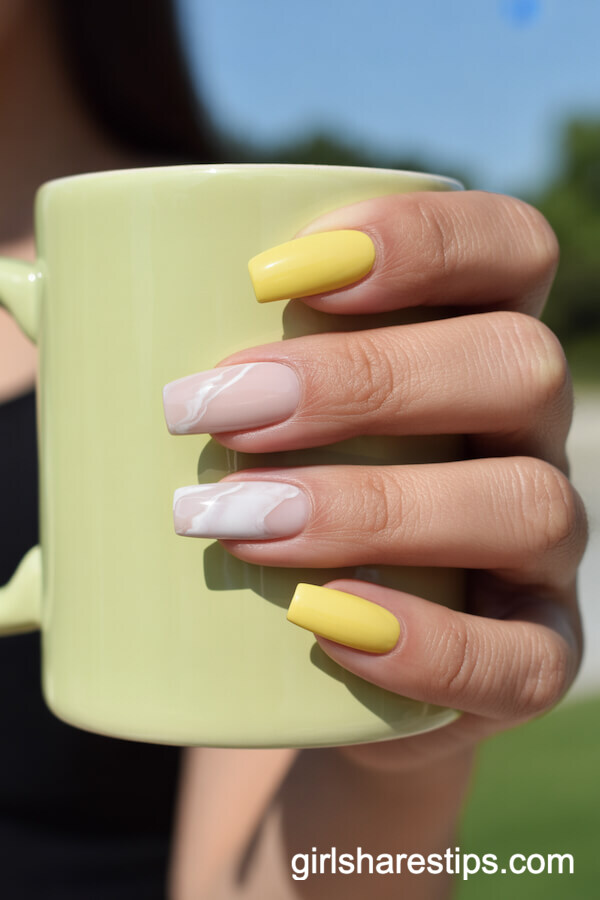 Coffin Pastel Yellow Nails with White Marble Accent