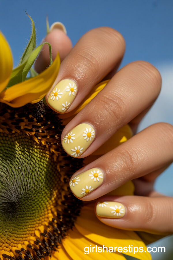 Rounded Pastel Yellow Nails with Tiny Daisy Motifs