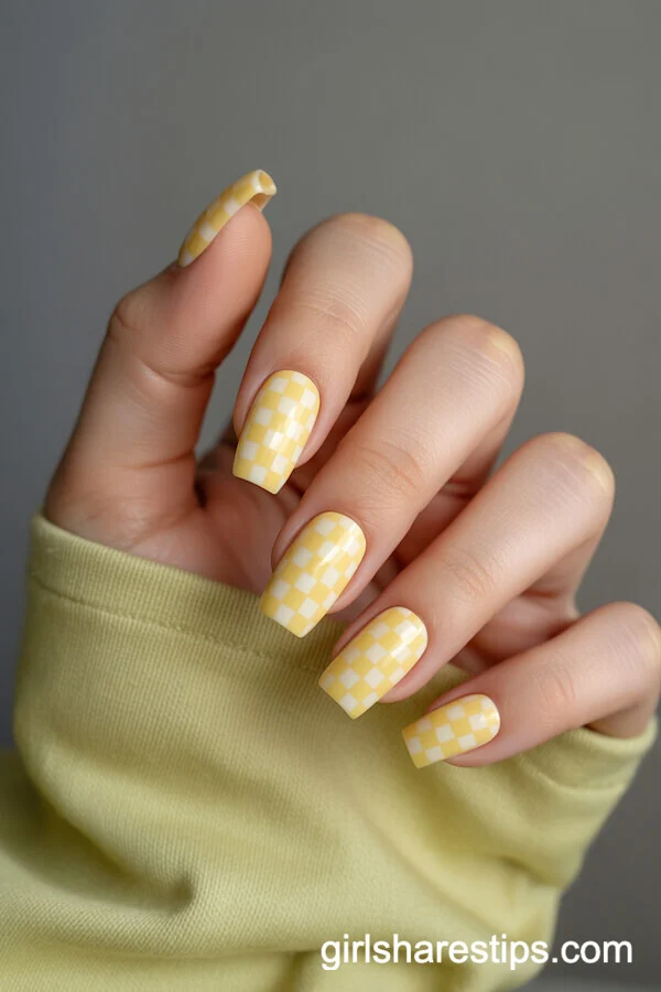 Checkerboard Coffin Nails in Pastel Yellow and White