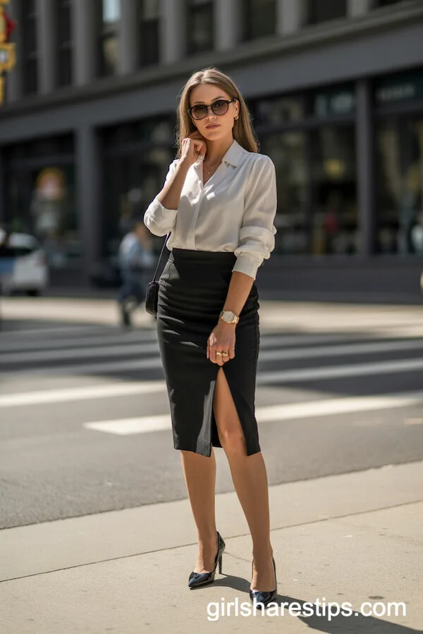 Classic Black Pencil Skirt and White Silk Blouse for Sophisticated Work Style