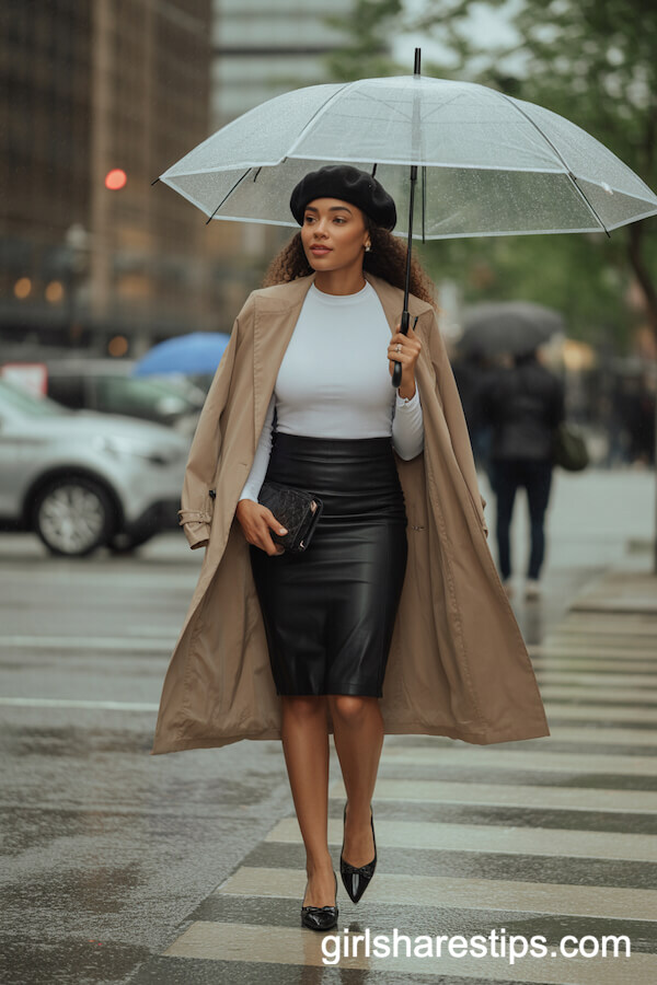 Black Pencil Skirt with Trench Coat and Ballet Flats for Rainy Day Office Attire