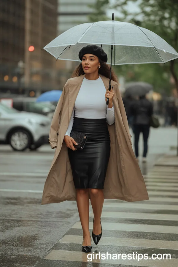 Black Pencil Skirt with Trench Coat and Ballet Flats for Rainy Day Office Attire