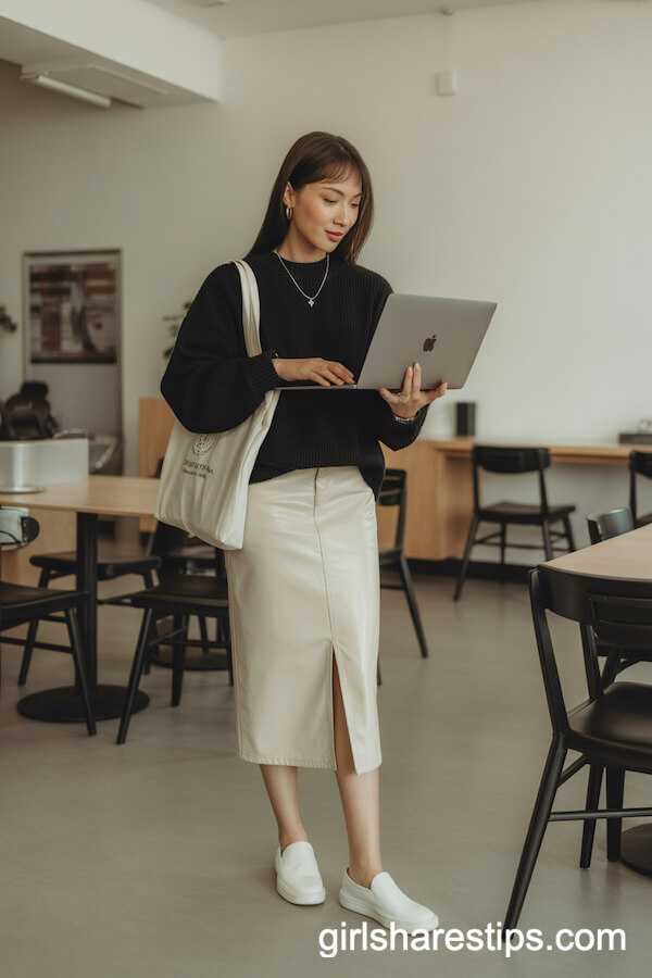 Ivory Pencil Skirt and Oversized Sweater for Comfy Coworking Space Outfits