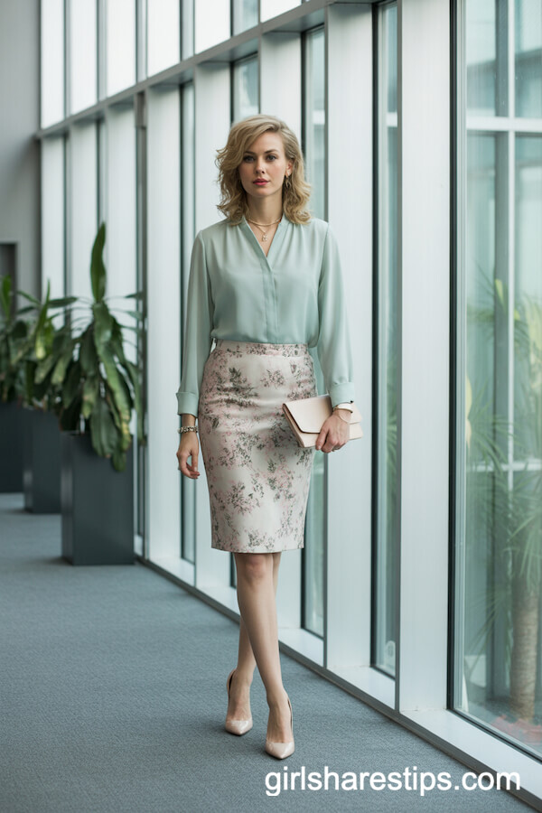 Floral Pencil Skirt with Mint Blouse for a Fresh Spring Office Look