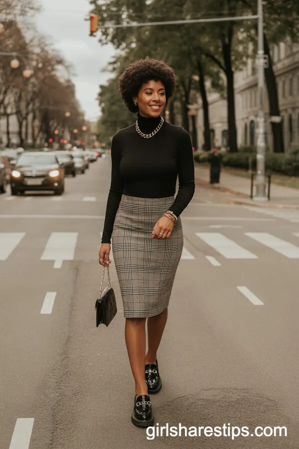 Plaid Pencil Skirt with Black Turtleneck and Chain Necklace for Fall Office Style