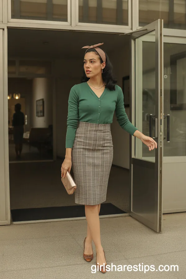 High-Waisted Plaid Pencil Skirt and Fitted Cardigan for Retro-Inspired Work Outfits