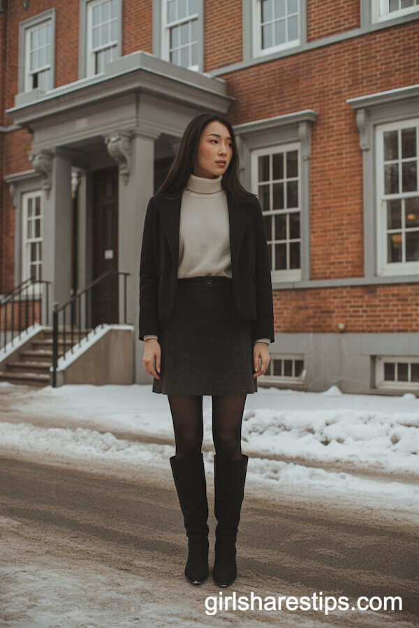 Dark Wool Pencil Skirt and Turtleneck with Tall Boots for Winter Office Style