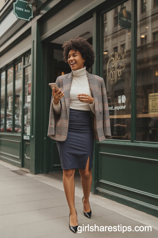 Navy Pencil Skirt Paired with Ivory Turtleneck and Checkered Blazer Ensemble