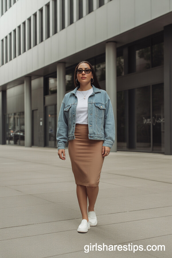 Jersey Pencil Skirt and Denim Jacket for a Laid-Back Professional Look