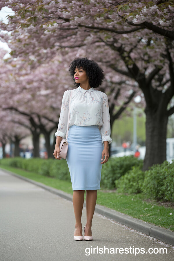 Pale Blue Pencil Skirt and Pastel Floral Blouse for a Soft Spring Office Vibe