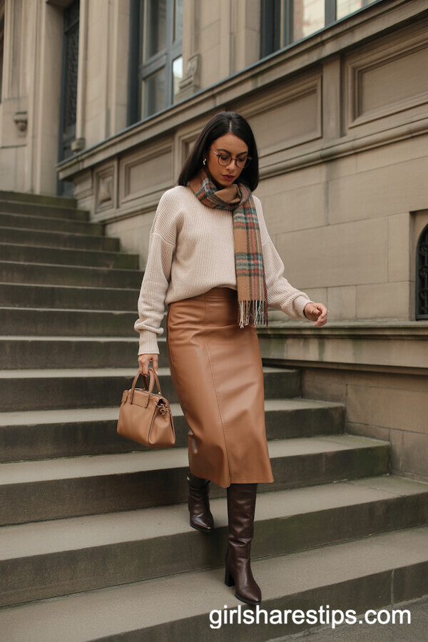 Camel Pencil Skirt and Sweater with Plaid Scarf for a Cozy Professional Look