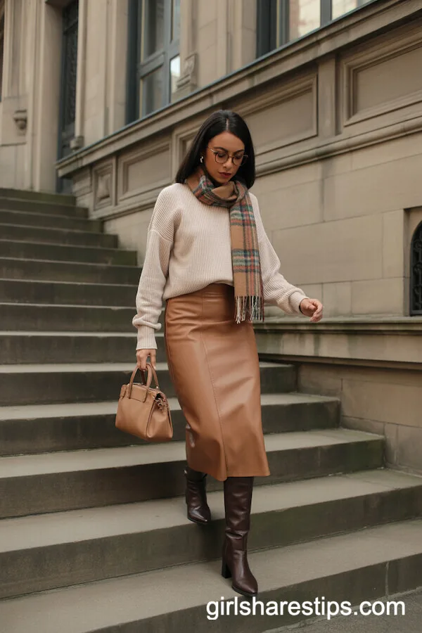 Camel Pencil Skirt and Sweater with Plaid Scarf for a Cozy Professional Look