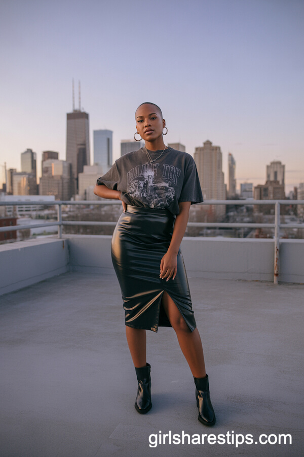 Faux Leather Pencil Skirt and Graphic Tee for Edgy Office Outfits