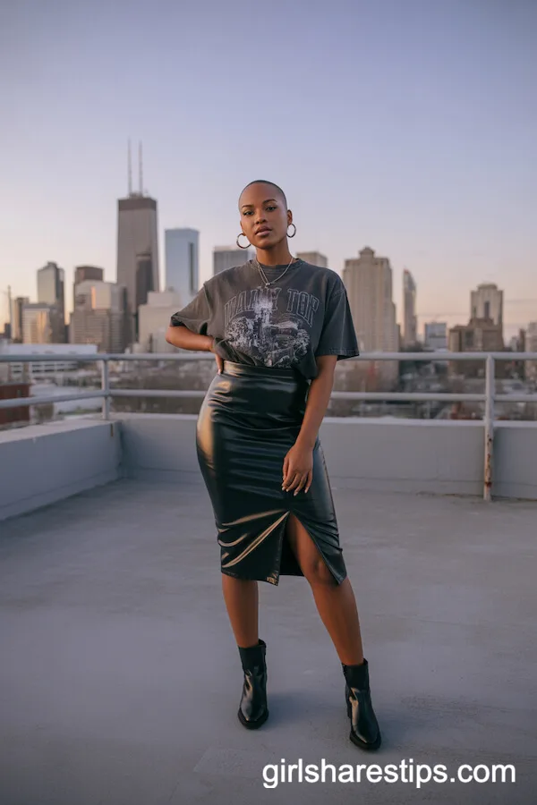 Faux Leather Pencil Skirt and Graphic Tee for Edgy Office Outfits