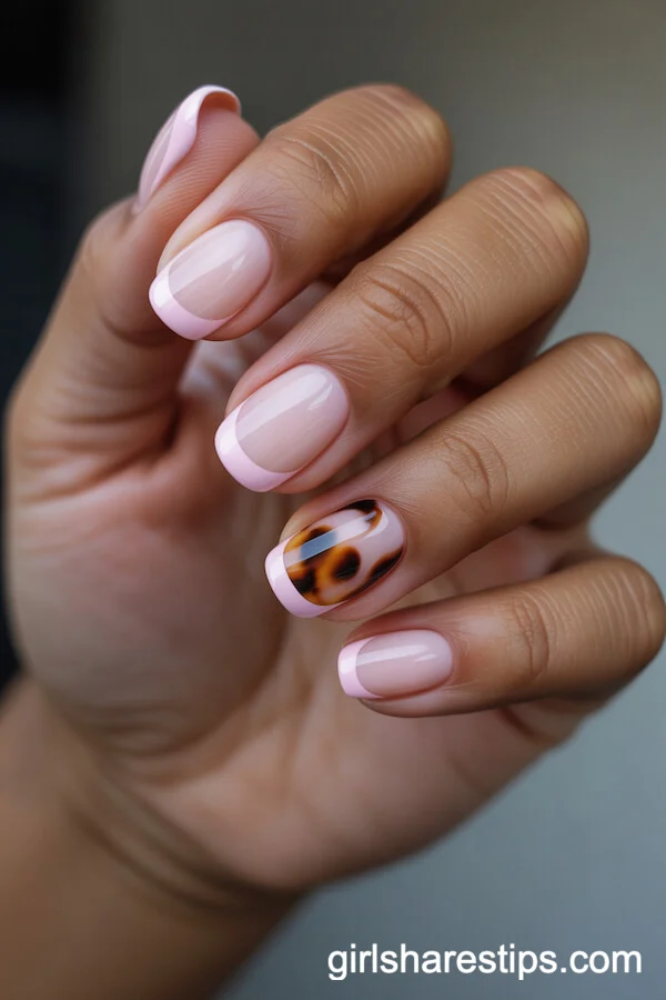 Layered Pink French Tips with Tortoiseshell Accent Nails