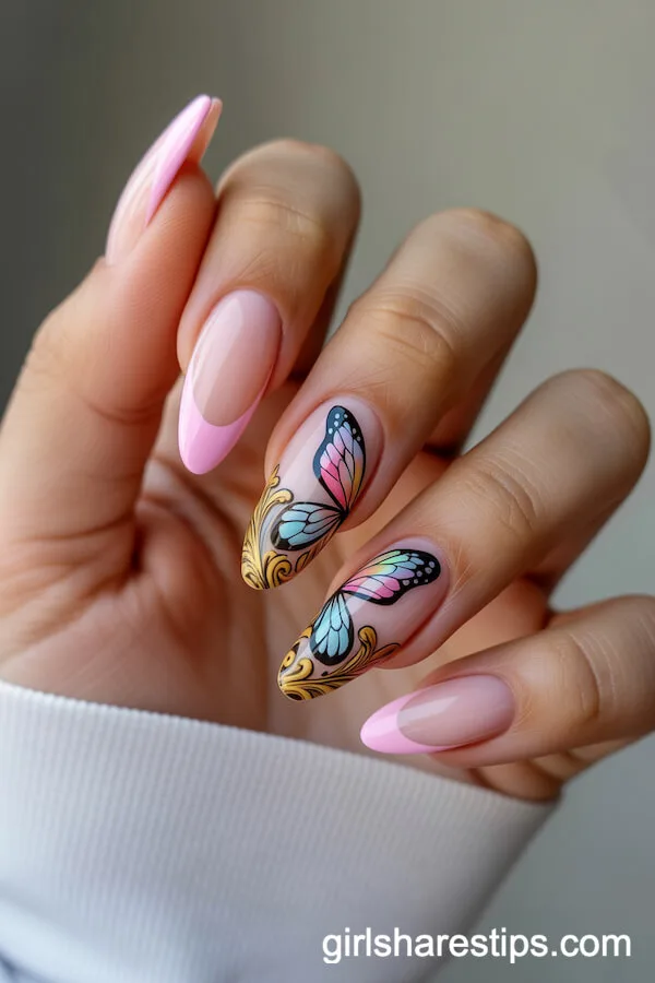 Pink French Tips with Butterfly Wings and Golden Filigree
