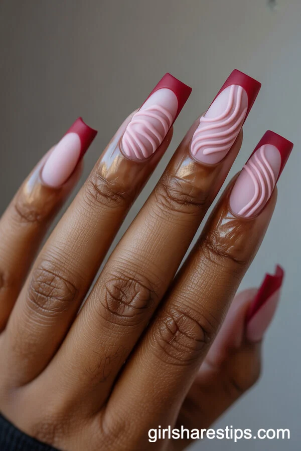 Velvet Matte Pink French Tips with Sculpted Tone-on-Tone Patterns