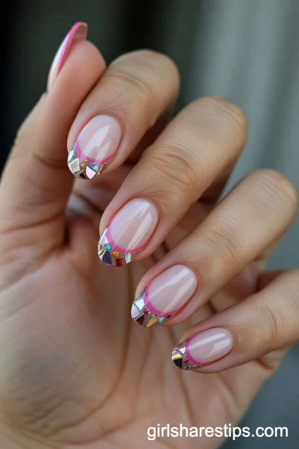 Glossy Pink French Tips and Mosaic Gemstone Accent Nails