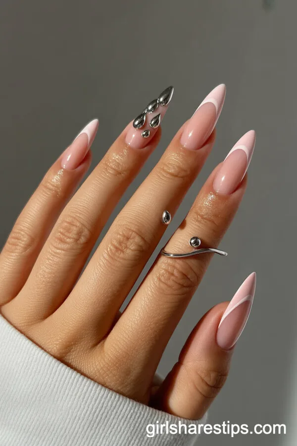Blush Pink French Tips with 3D Chrome Water Droplet Accents