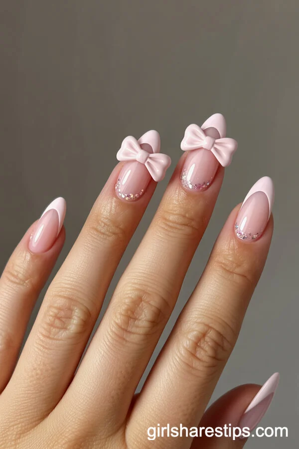 Gradient Pink French Tips with 3D Bow and Micro-Glitter Detailing