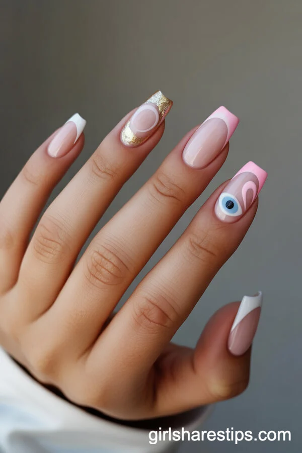 Milky Pink French Tips with Minimalist Abstract Evil Eye Designs