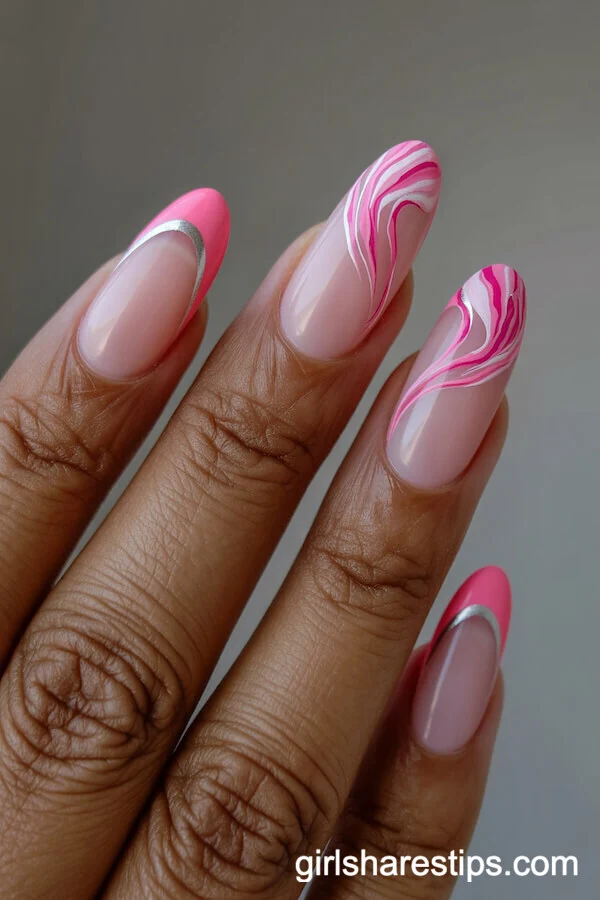Pink French Tips Rimmed with Silver and Flowing Rose Petal Art