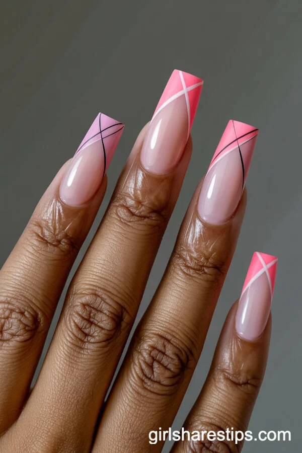 Diagonal Dual-Tone Pink French Tips with Abstract Black Line Art