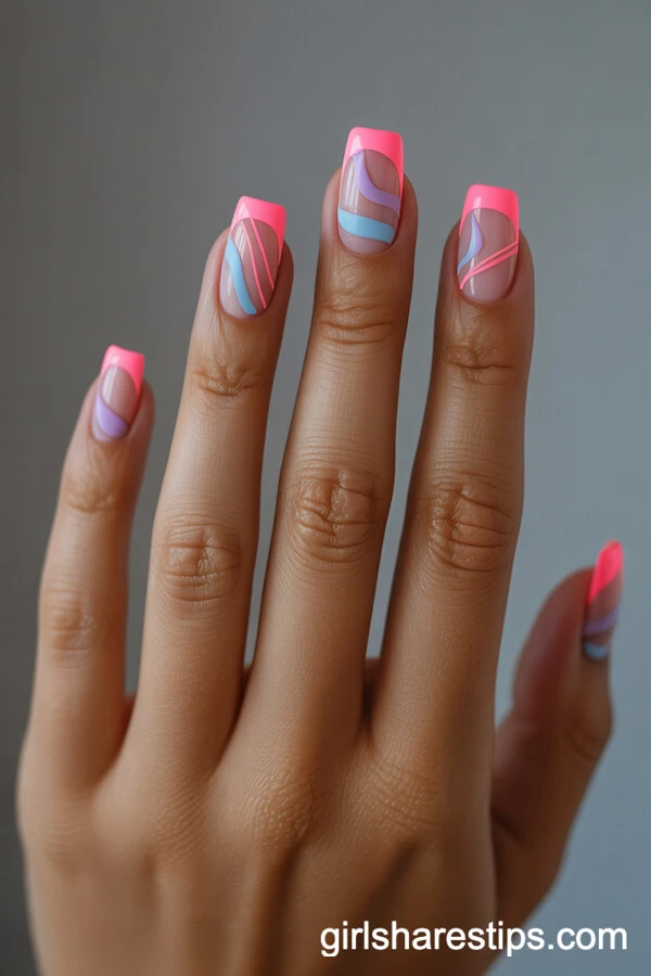Neon Pink French Tips with Abstract Pastel Color Blocks