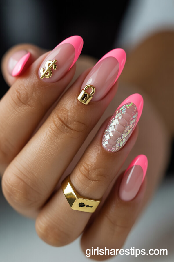 Candy Pink French Tips with Holographic Glitter and Snake Skin Texture