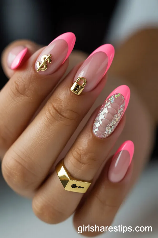 Candy Pink French Tips with Holographic Glitter and Snake Skin Texture