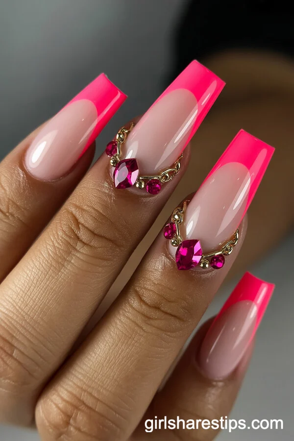 Hot Pink French Tips with 3D Rhinestones and Gold Chain Accents
