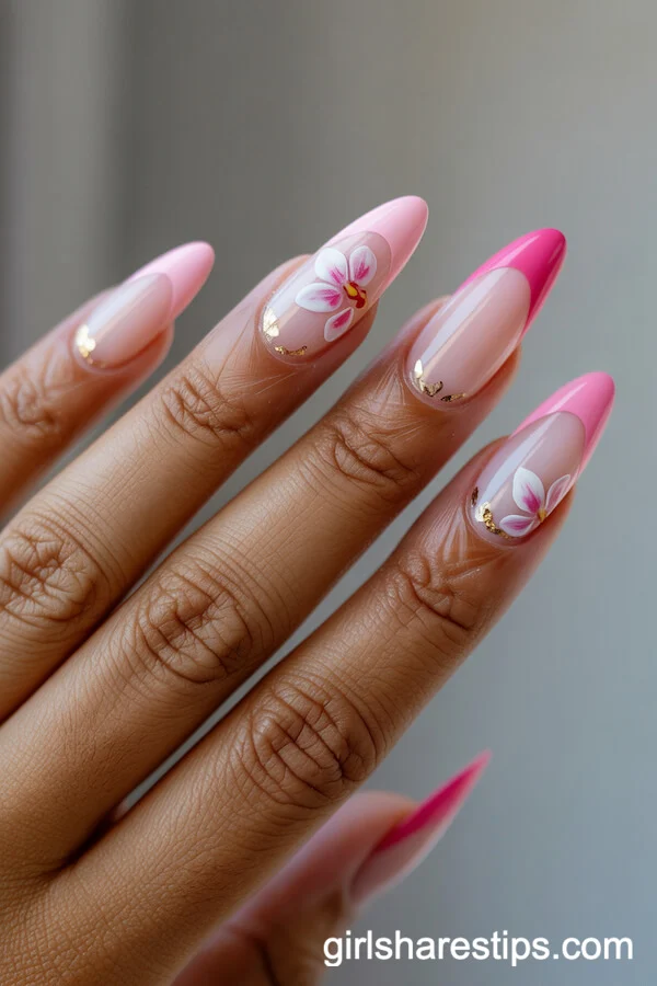 Ombre Pink French Tips with Orchid Flowers and Gold Accents