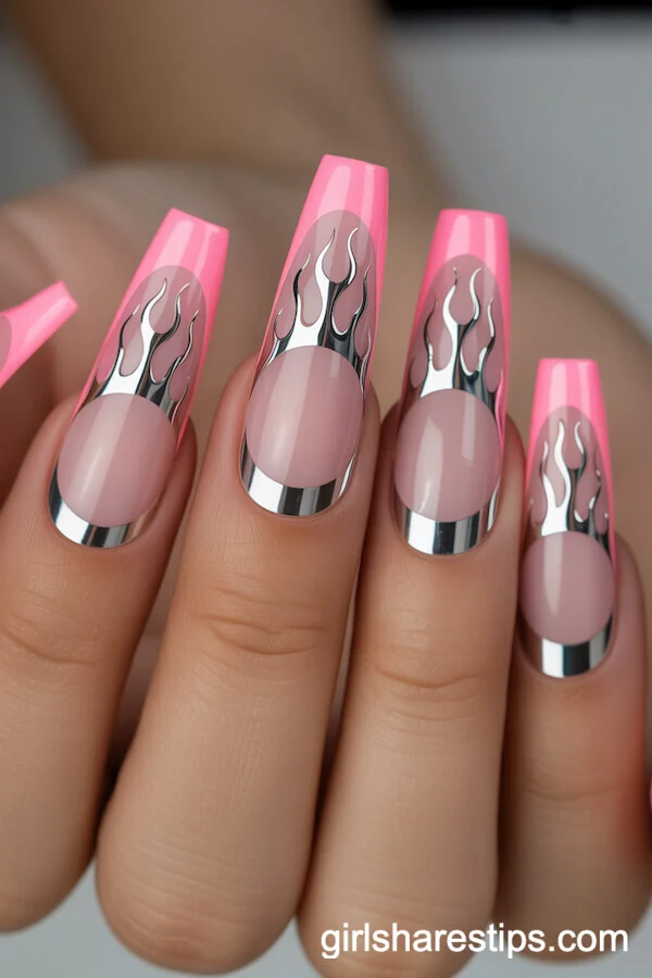 Metallic Chrome-Edged Pink French Tips with Silver Flame Art