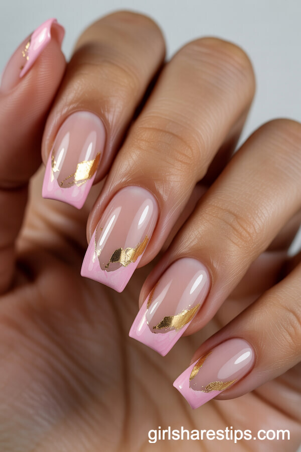 Watercolor Pink French Tips with Gold Leaf Artistic Texture